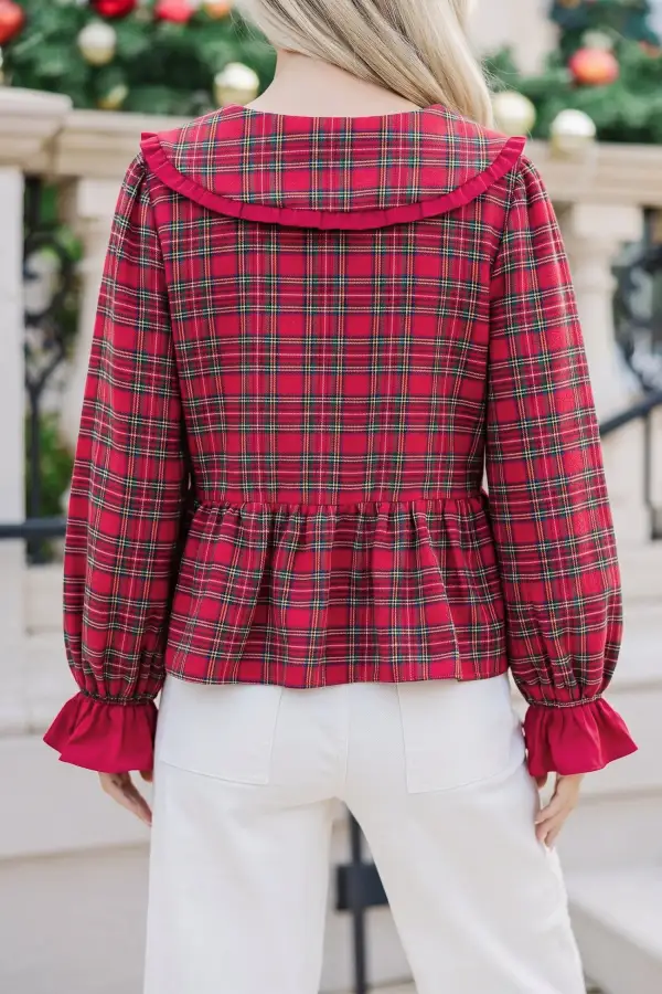 Women's Plaid Long Sleeve Tie Neck Top
