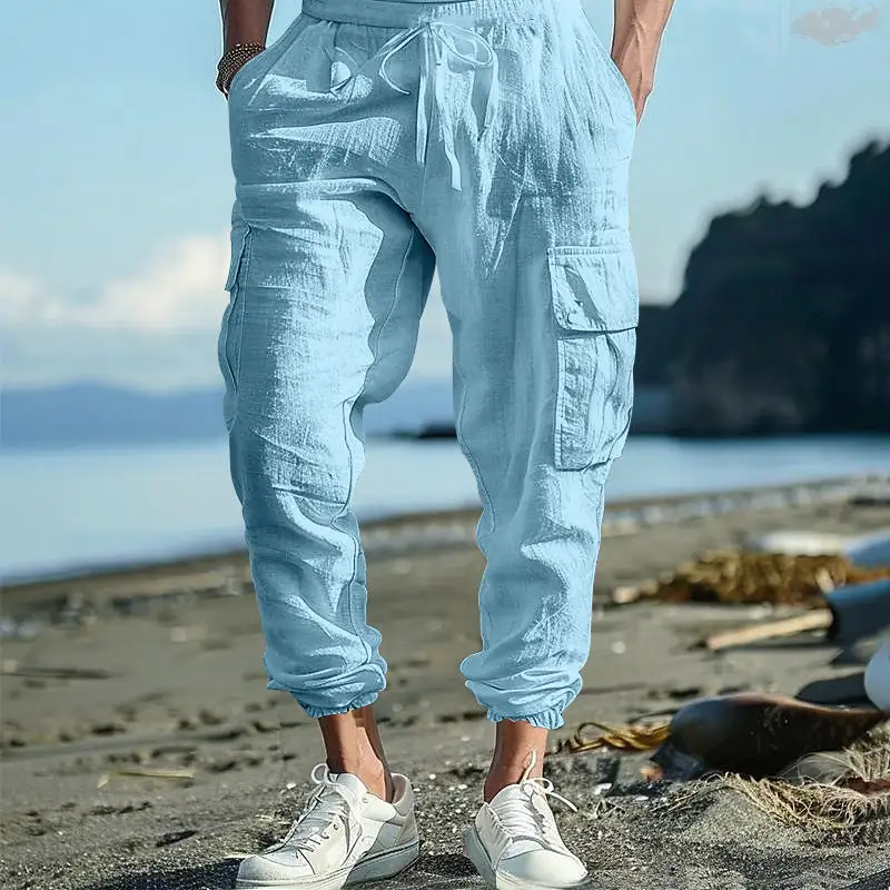 Men's Casual Linen Cargo Waist Pockets Cargo Pants