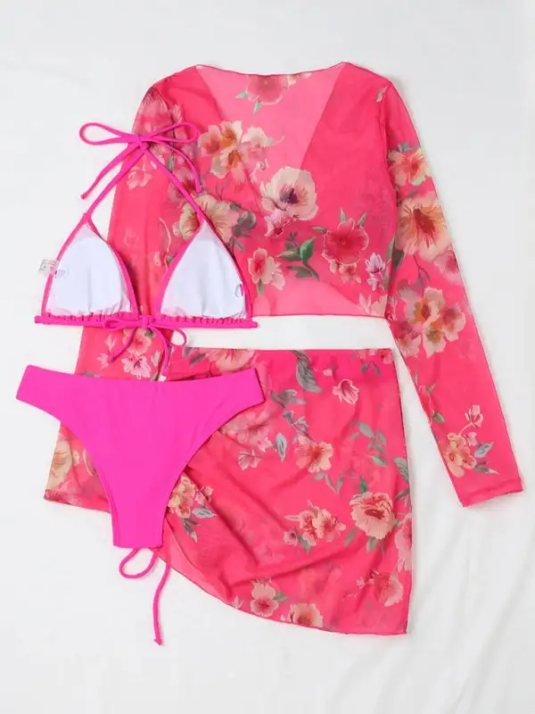 Drawstring Long Sleeve Bikini Swim Set