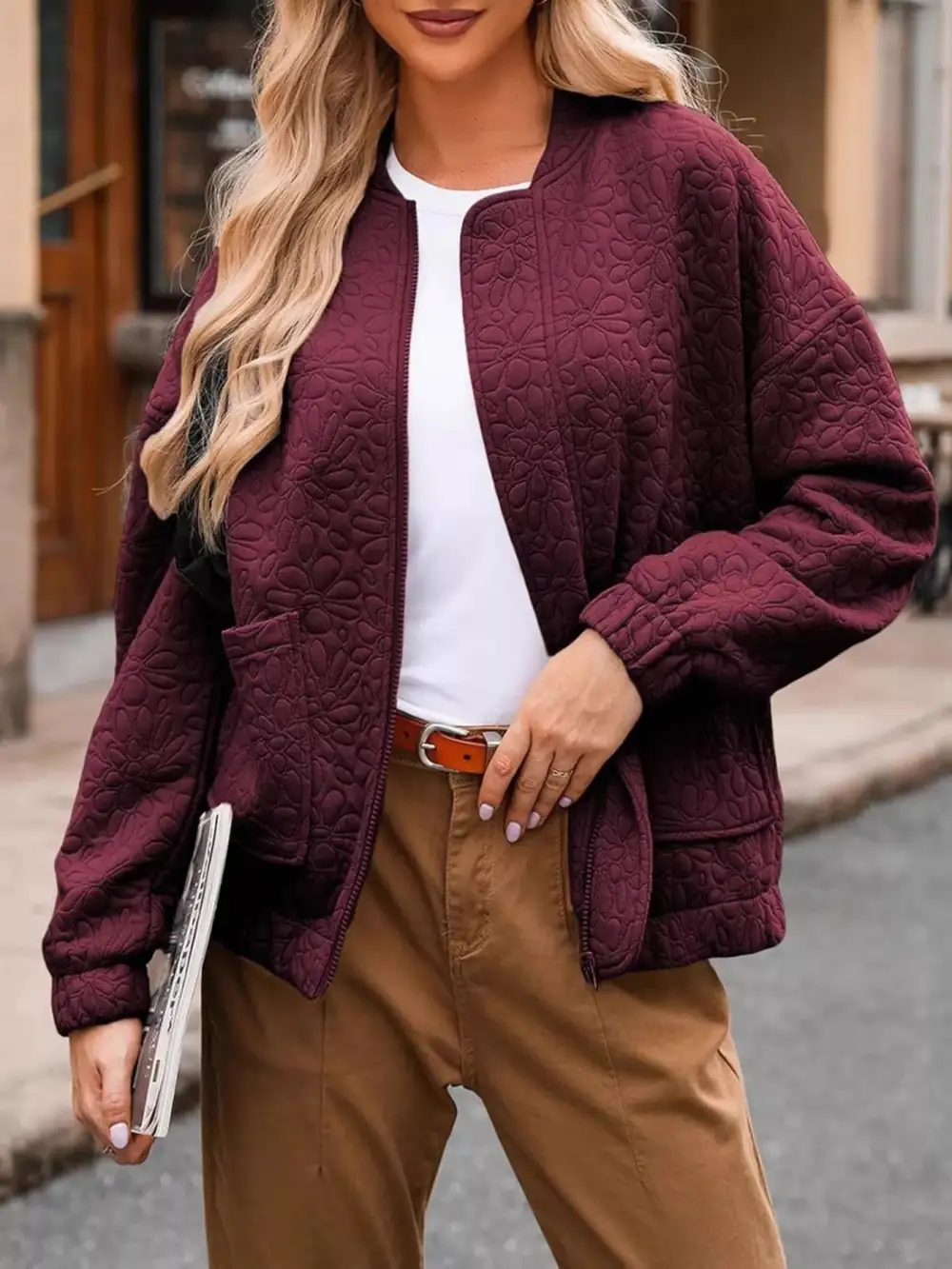 Full Size Floral Quilted Zip Up Jacket Plus Size