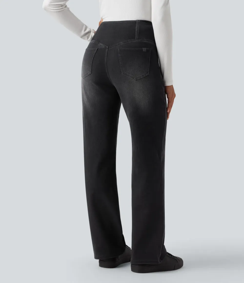 High-waisted, relaxed, crossover straight-leg jeans with  pockets