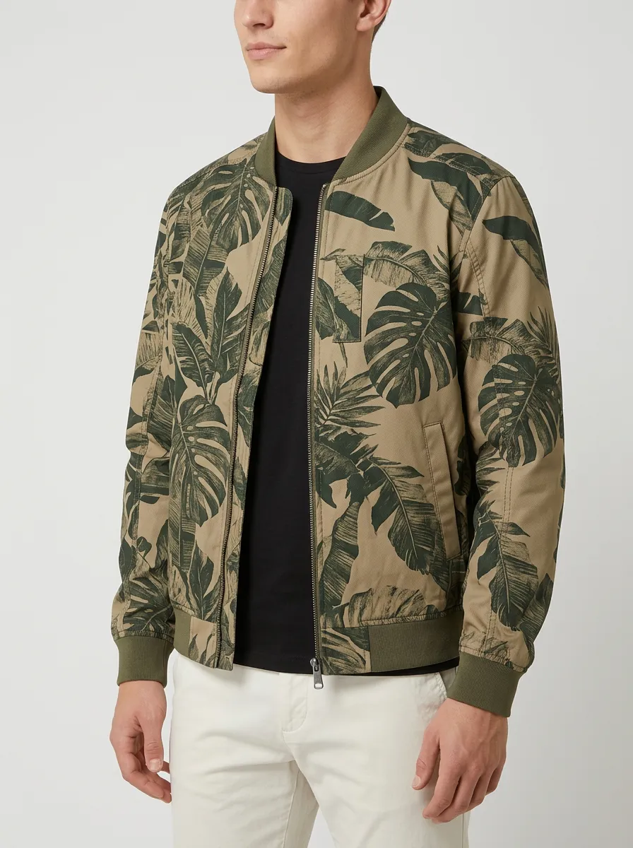 Men's Tropical Print Bomber Jacket with Single chest welt pocket
