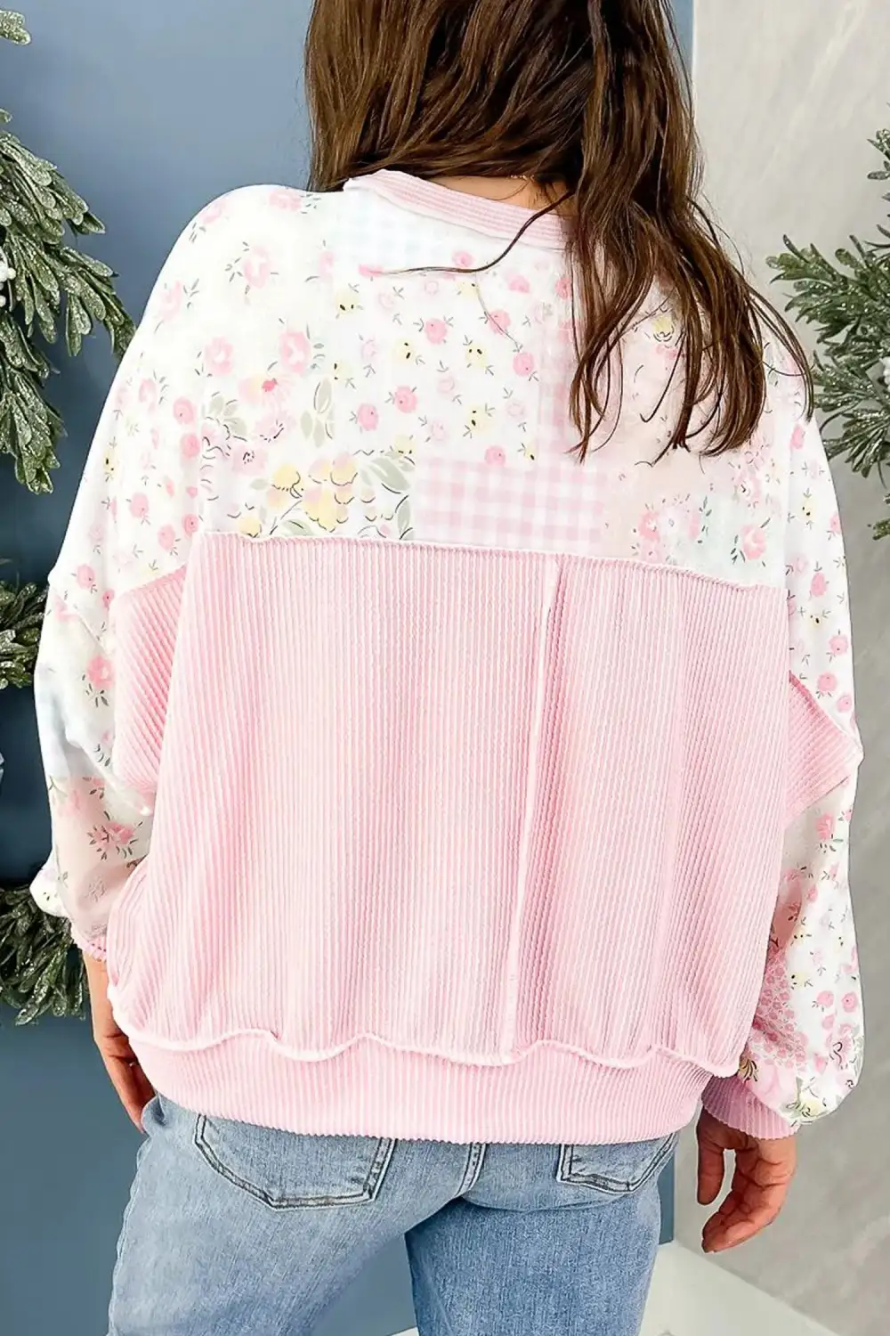 Plaid Ribbed Relaxed Stretch Fabric Long Sleeve Top