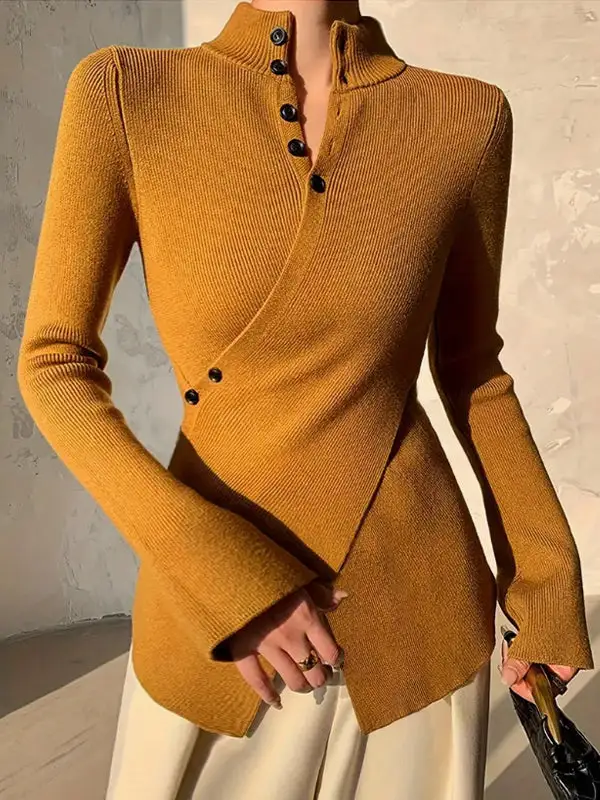 Asymmetric Split Front Paneled V-Neck Long Sleeve Sweater