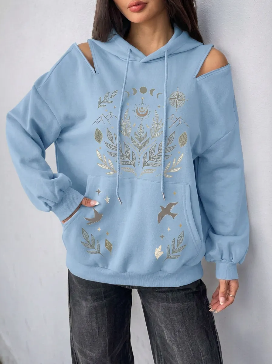 Women's Celestial Nature Lover Moon Leaf Printed Cold Shoulder Hoodie