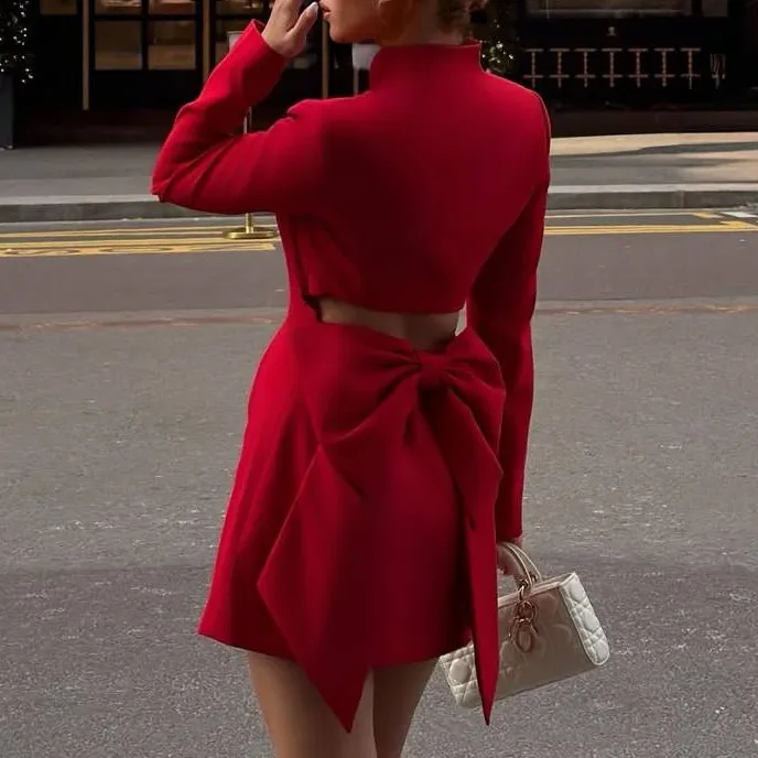 Stand Collar Bow Design Mini Dress