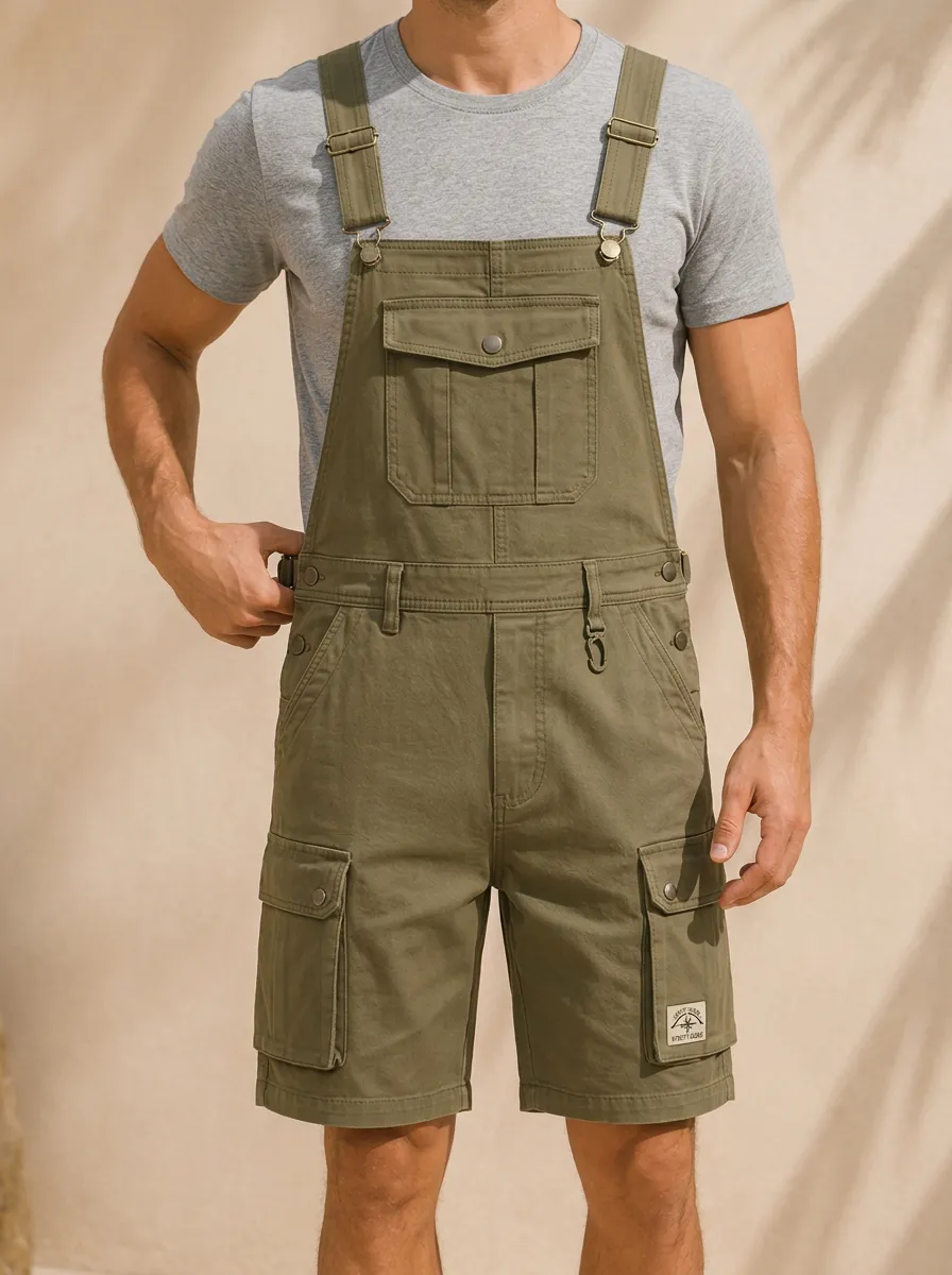 Men's Outdoor Adventure Olive Cargo Bib Overalls Shorts