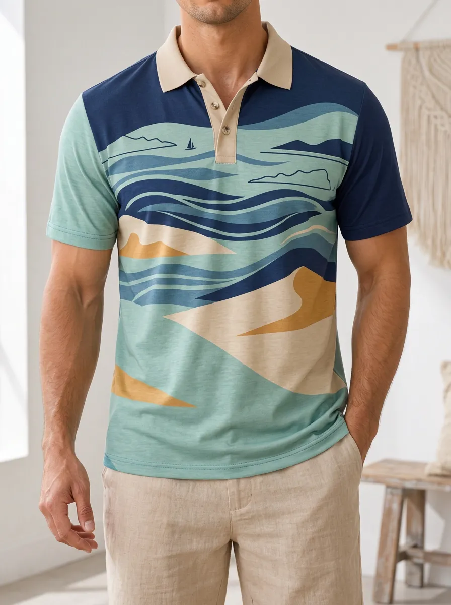 Men's Nautical Ocean Landscape Sailboat Printed Polo Shirt Everyday Casual Style