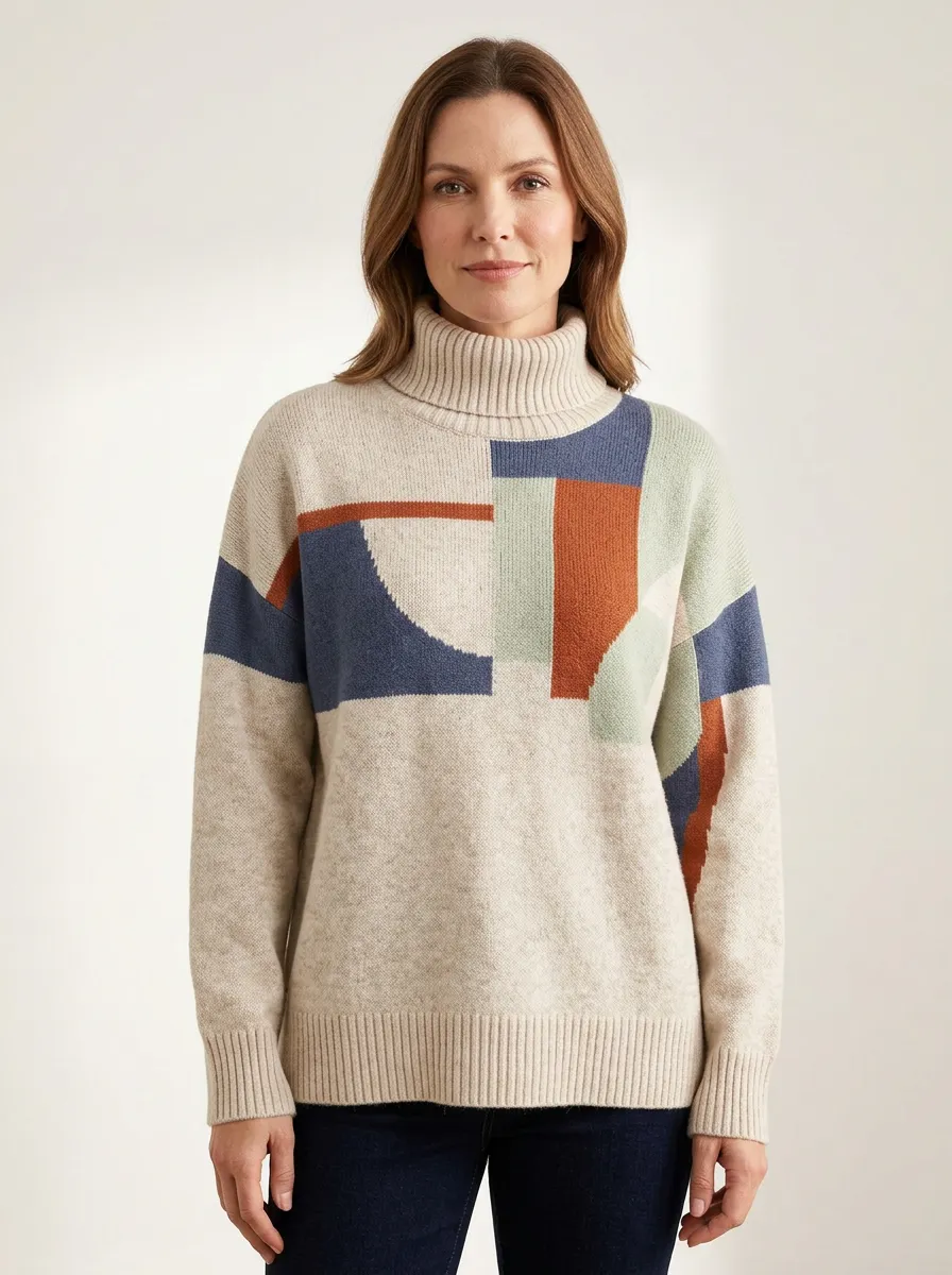 Women's Abstract Geometric Colorblock Printed Turtleneck Sweater