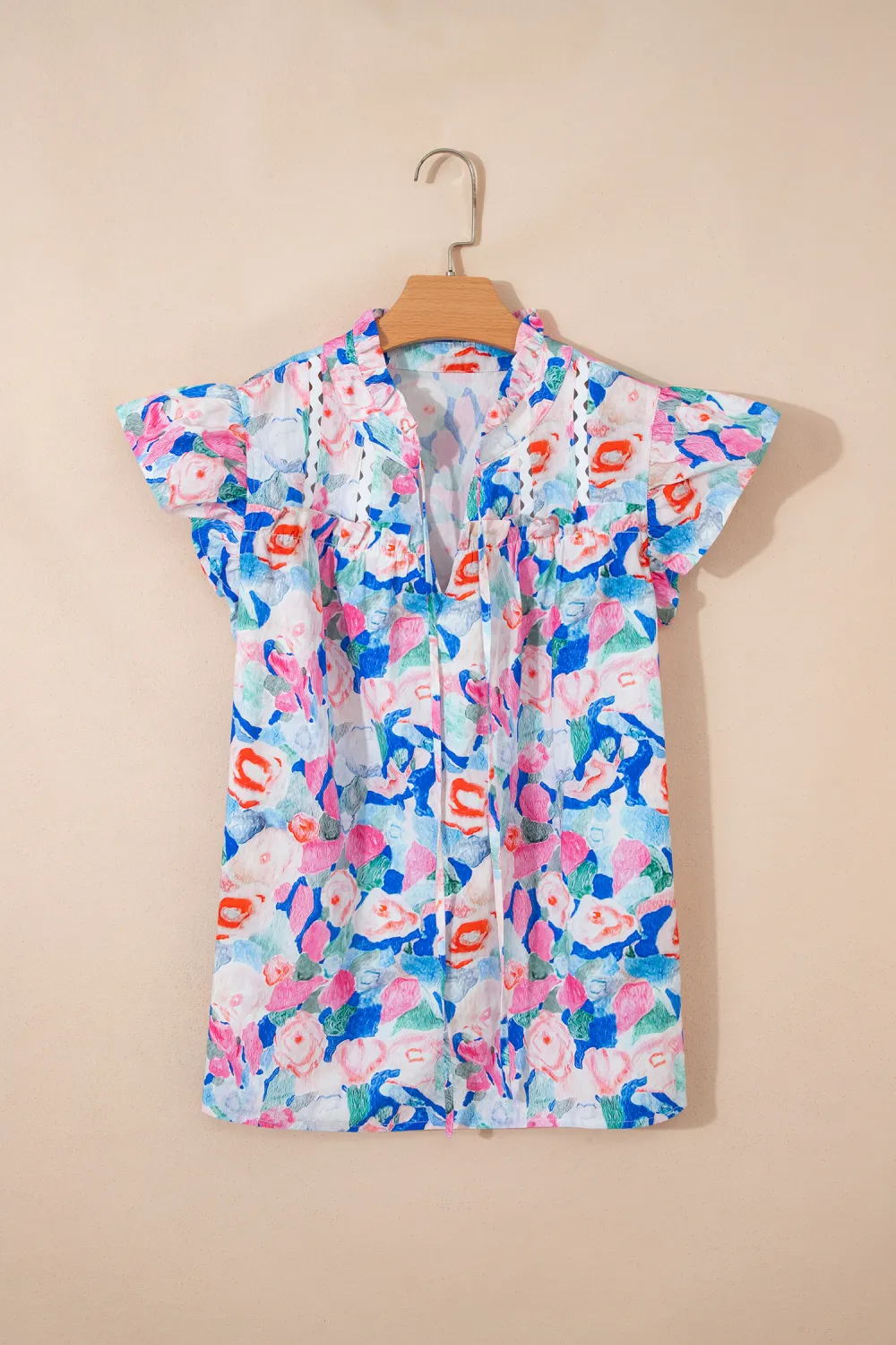 Pink Floral Print Tie V Neck Blouse