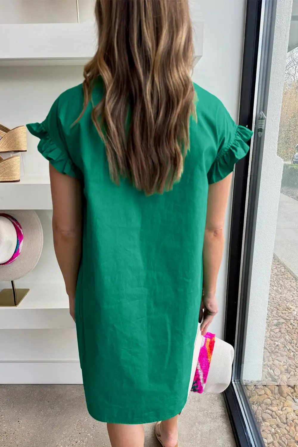 Shirred Ruffle Sleeve Button Up Short Dress