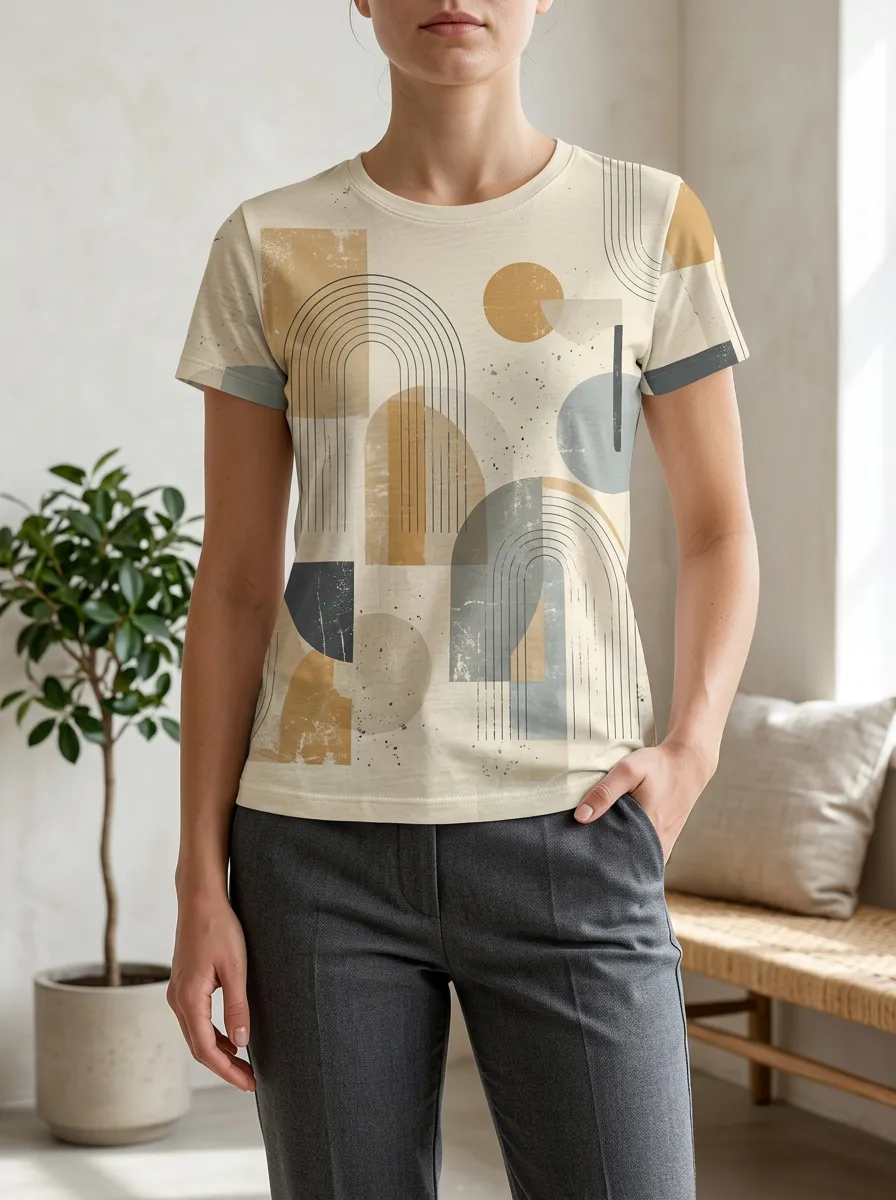 Women's Abstract Geometric Arch Printed Crewneck T-shirt