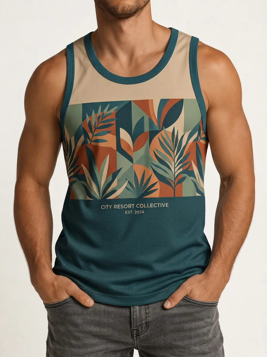 Men's Tropical Geometric City Resort Printed Tank Top