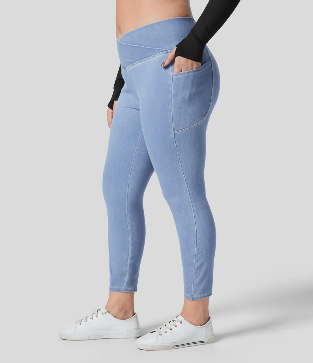 Magic Crossover Side Pocket Washed Stretchy Knit Denim Work Plus Size Leggings