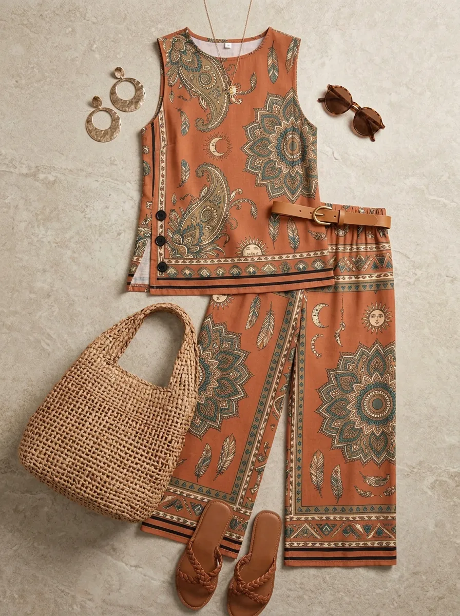 Women's Boho Style Paisley Mandala Printed Sleeveless Set