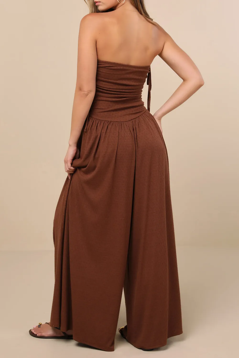 Casual Style Pointelle Strapless Wide-Leg Jumpsuit