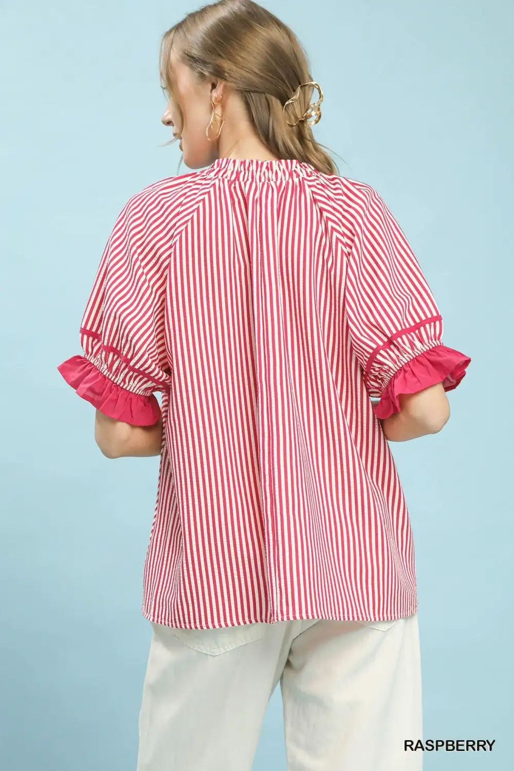 Refined Stripe Ruffle Sleeve Split-Neck Blouse