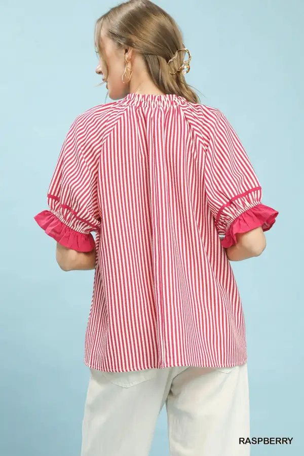 Refined Stripe Ruffle Sleeve Split-Neck Blouse