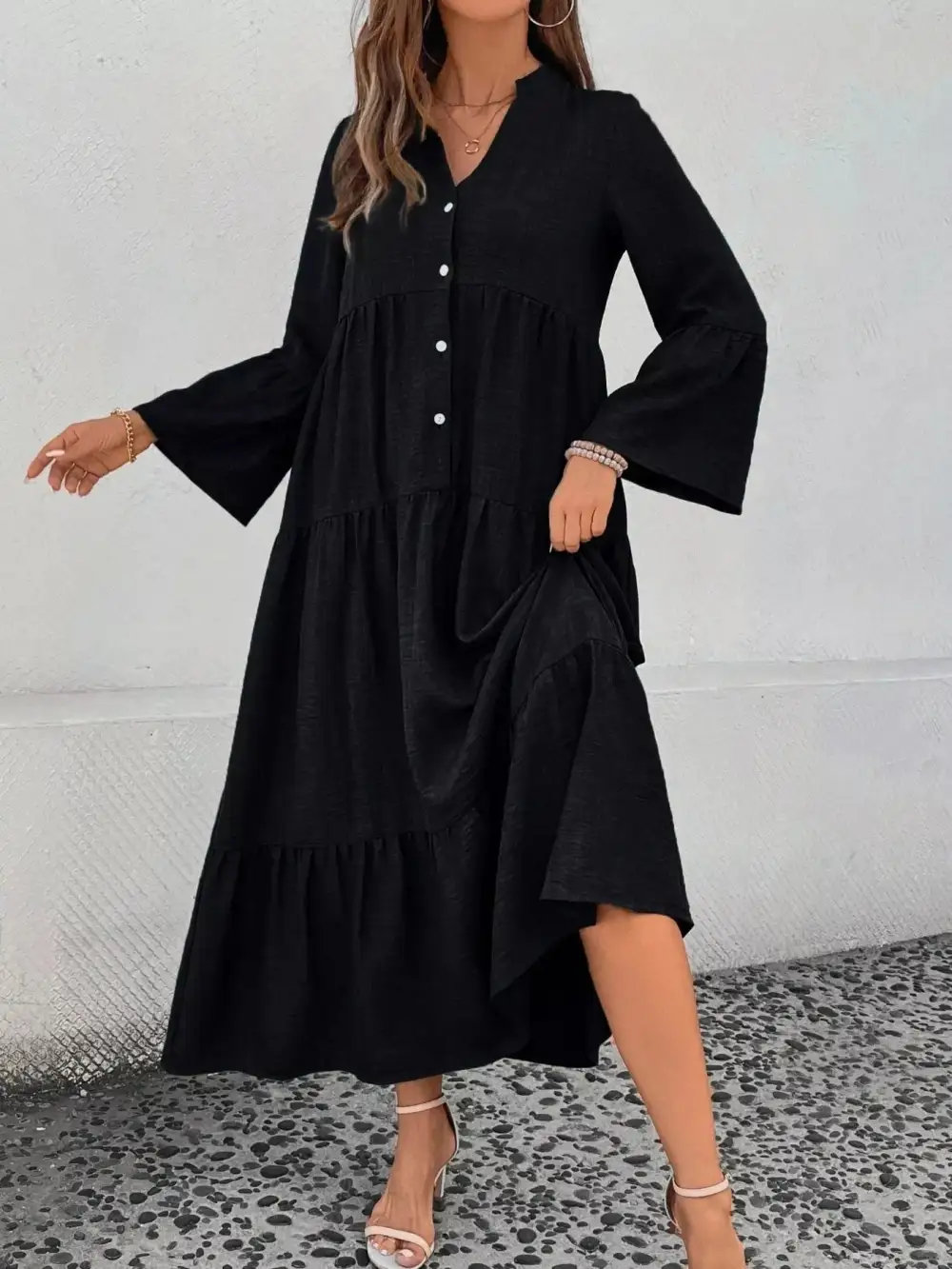 Button Front Ruffle Tiered Dress Casual