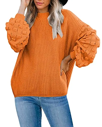 Women's Cute Oversized Crewneck Loose Puff Sleeves Chunky Knit Pullover Sweater