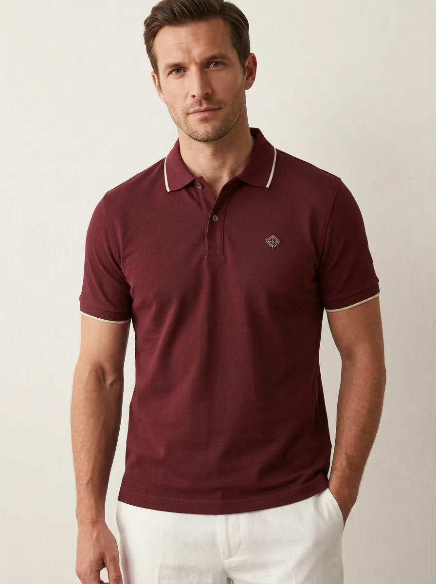 Men's Minimalist Geometric Logo Embroidered Contrast Trim Polo Shirt