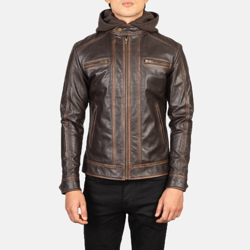 Men's Rugged Biker Hooded Leather Jacket