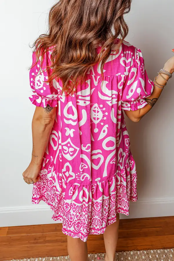 Women's Printed V Neck Short Sleeve Flared Mini Dress