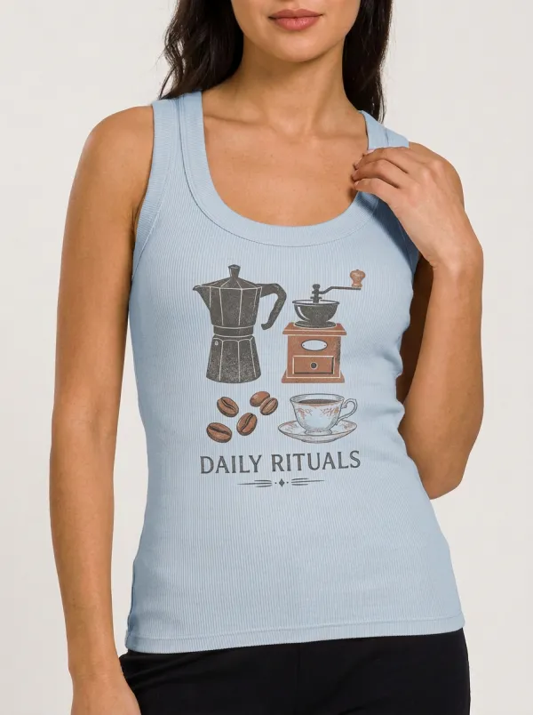Women's Coffee Lover Daily Rituals Moka Pot Grinder Printed Tank Top