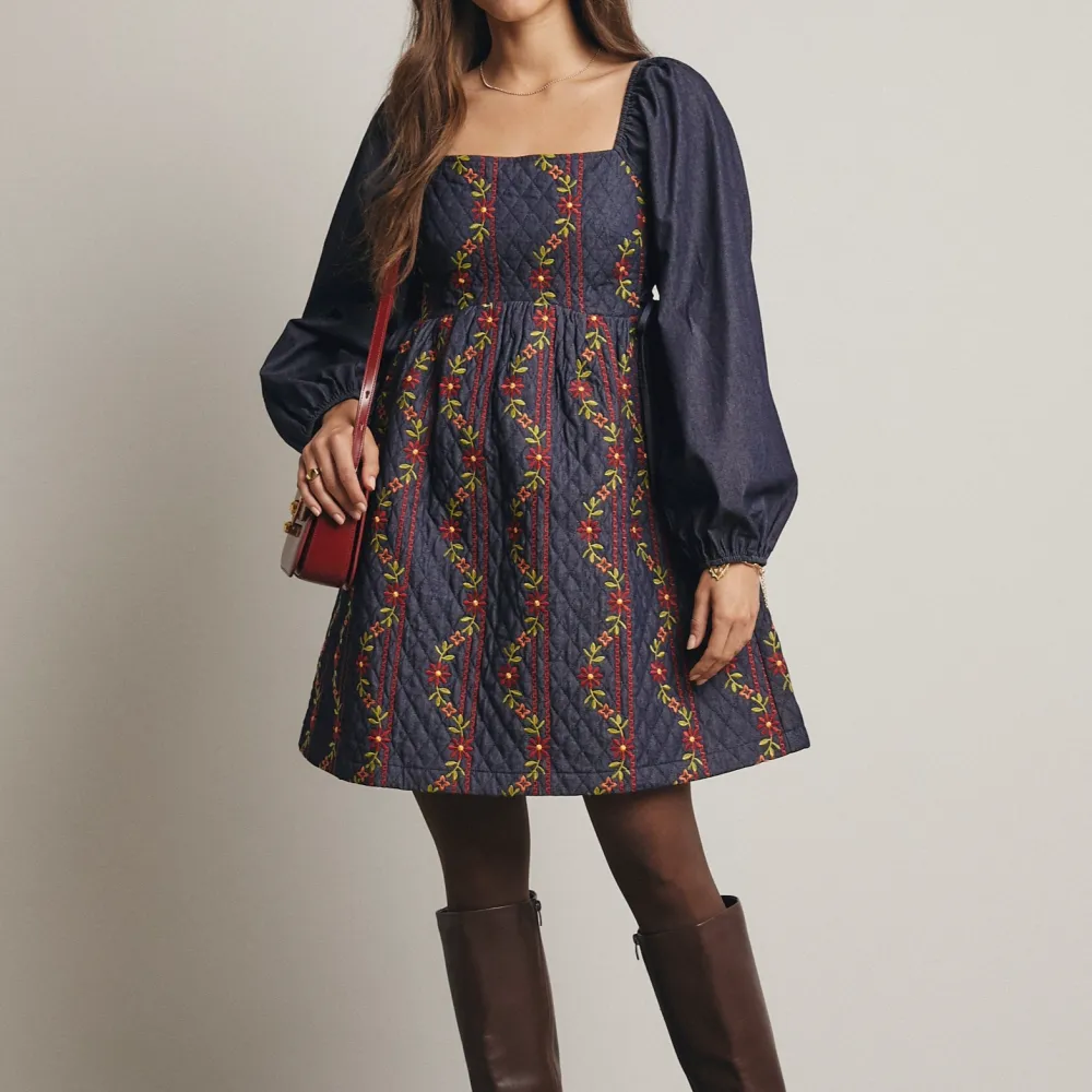 Classic Floral Embroidered Lace Detail Smocked Dress