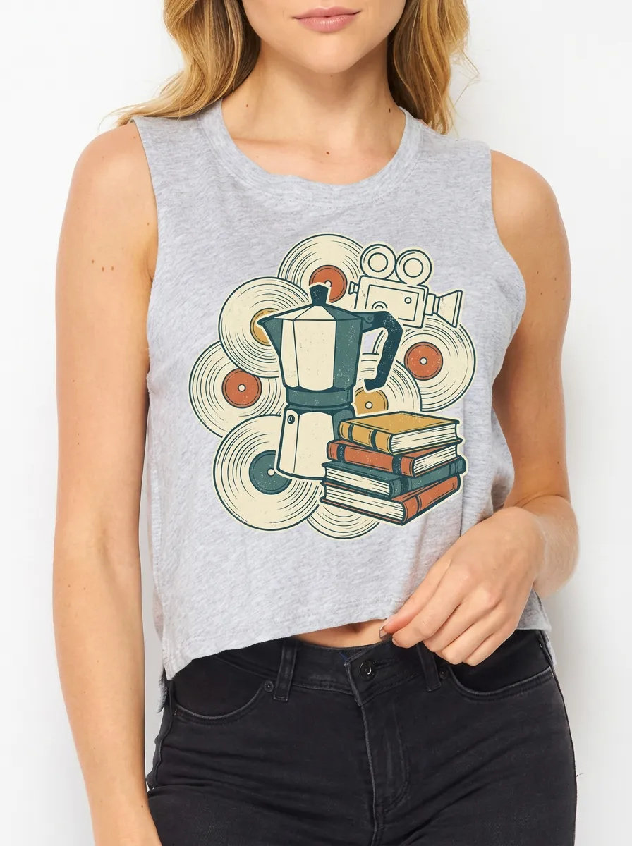 Women's Coffee Book Vinyl Camera Printed Crop Tank Top