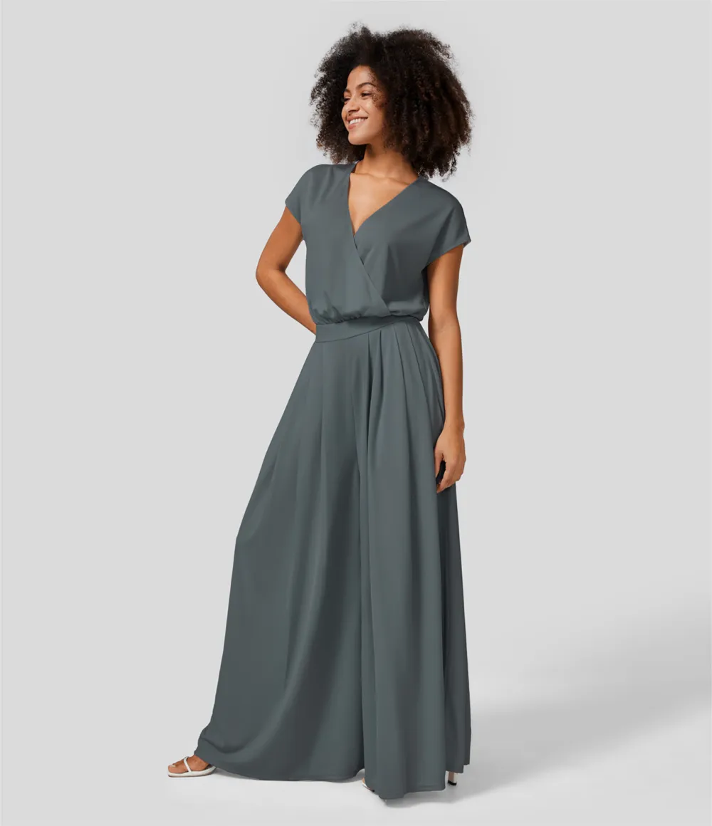 V Neck Short Sleeve Plicated Side Pocket Wide Leg Flowy Waffle Casual Jumpsuit
