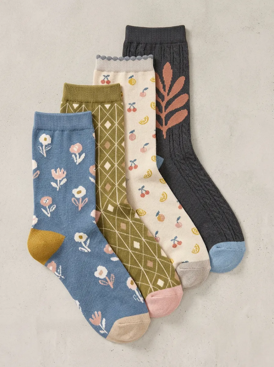 Argyle Floral Fruit Four-Pair Casual Socks