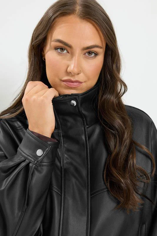 Black Faux Leather Funnel Neck Jacket detail 4