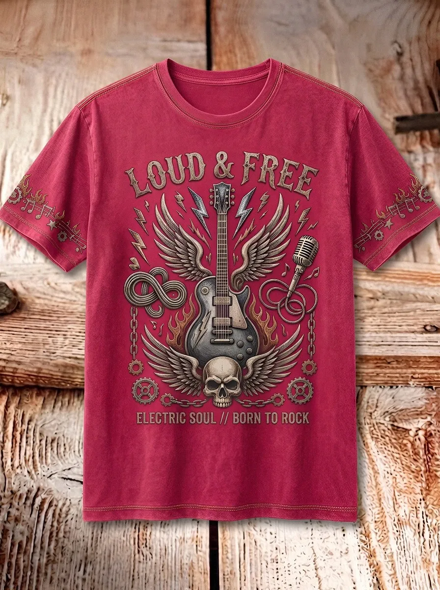 Men's Rock Music Lover Winged Guitar Skull Printed T-shirt