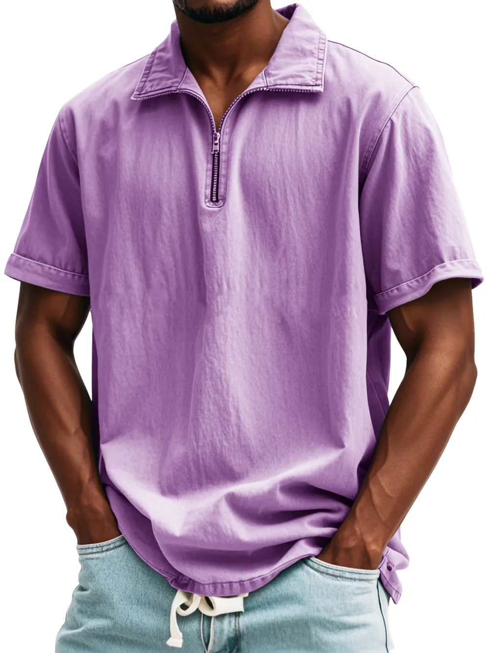 Relaxed Short Sleeve Stand Collar Zip Front Shirt