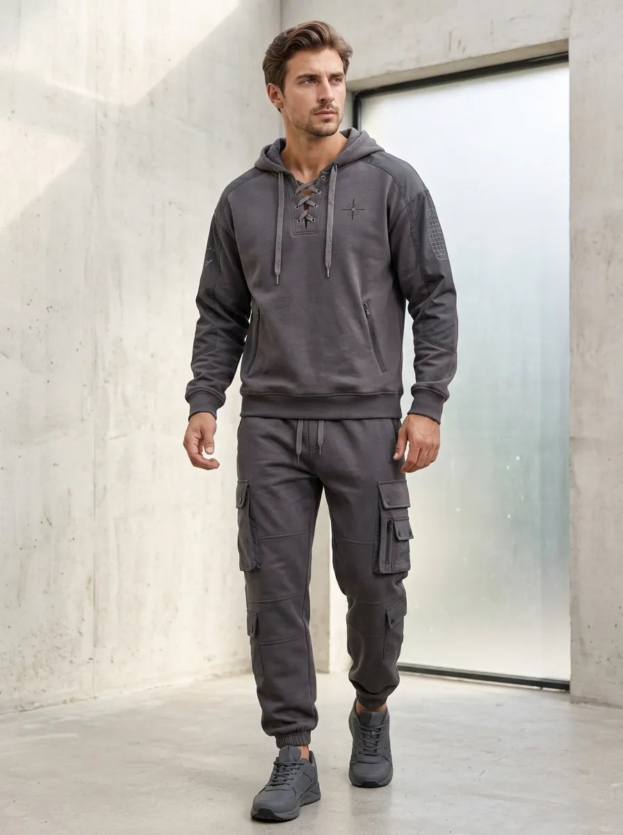 Urban Lace-Up Multi Pocket Relaxed Look Men's Lace Up Hoodie And Cargo Jogger Set