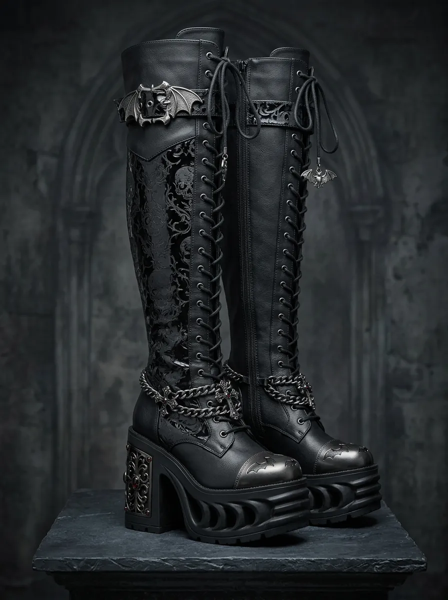 Midnight Skull Bat Graphic Look Women's Gothic Platform Knee High Boots