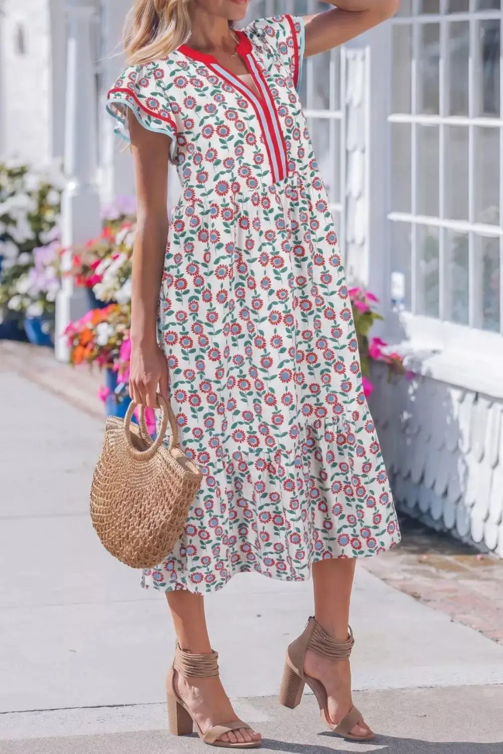 Print Ruffle Sleeve Tiered Midi Dress