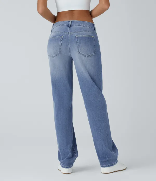 Magic Low Rise Button Zipper Multiple Pockets Straight Leg Washed Stretchy Knit Casual Jeans