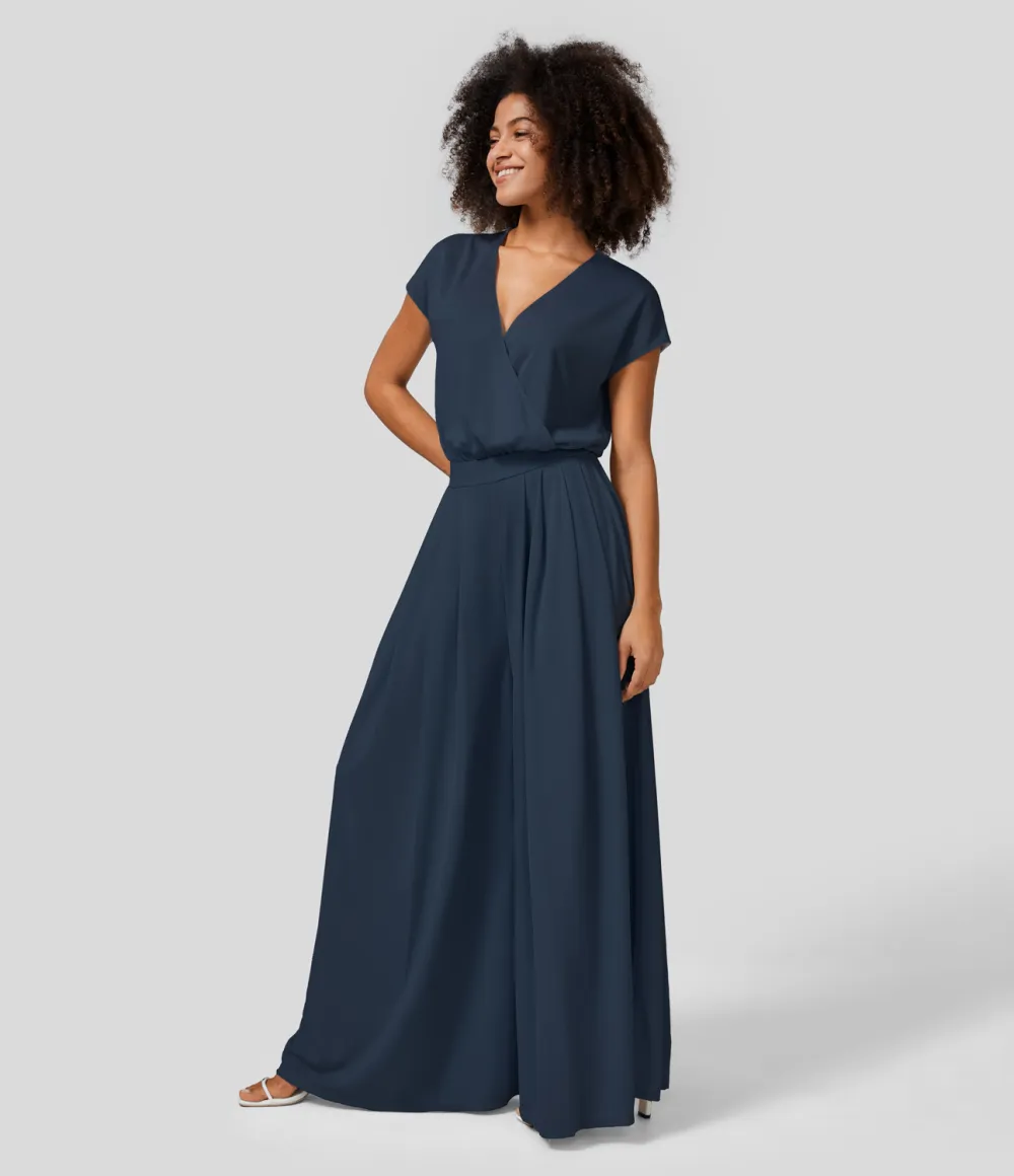 V Neck Short Sleeve Plicated Side Pocket Wide Leg Flowy Waffle Casual Jumpsuit