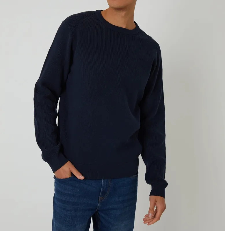 Navy Rib-Knit Crewneck Sweater