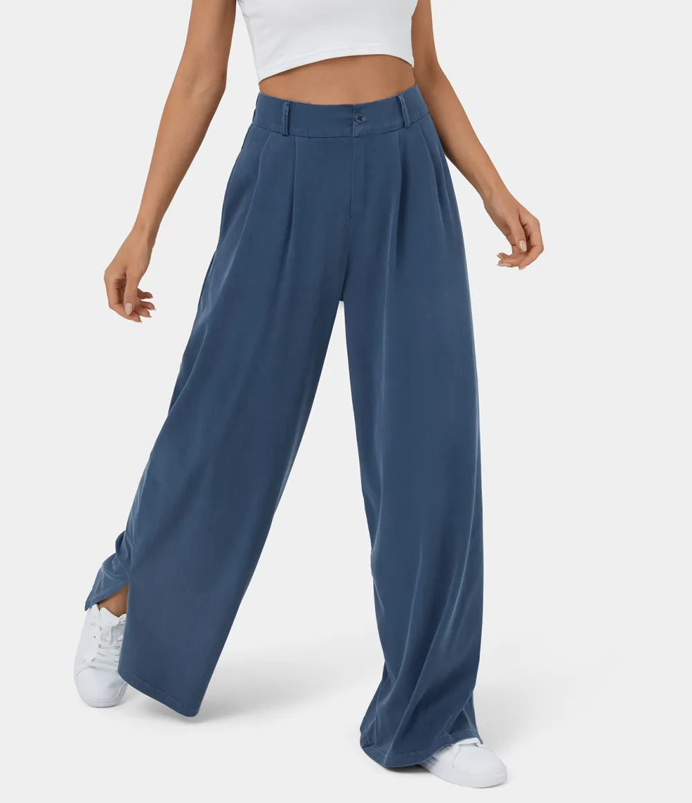 High Waisted Button Zipper Plicated Side Pocket Split Hem Wide Leg Casual Pants