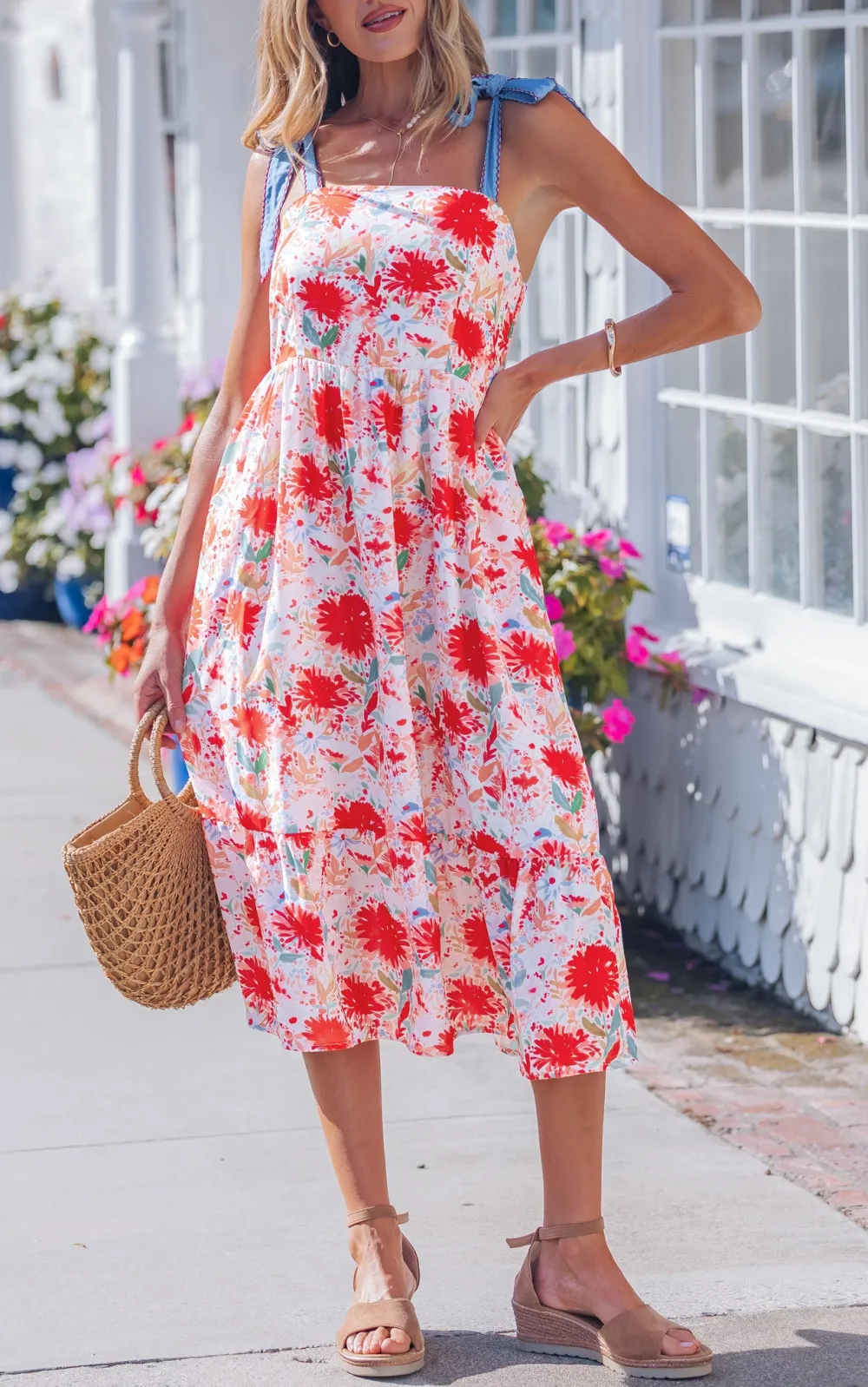 Women's Floral Print Denim High Waist Stitched Detail Dress