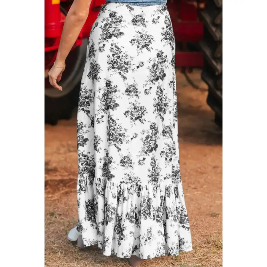 Boho Floral High Waist Ruffle Split Maxi Skirt