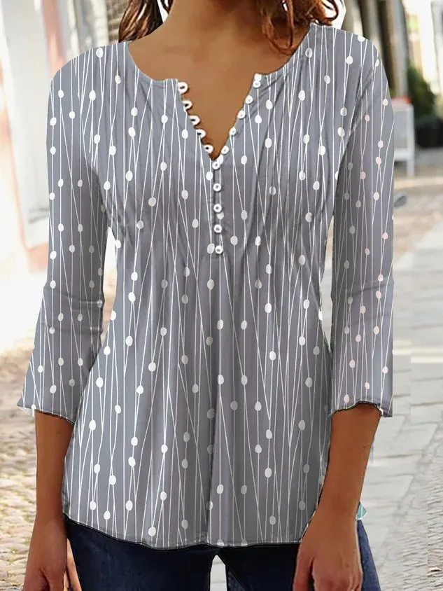 Women Geometric Casual Autumn V neck Daily Three Quarter Regular Regular Regular Size Tops