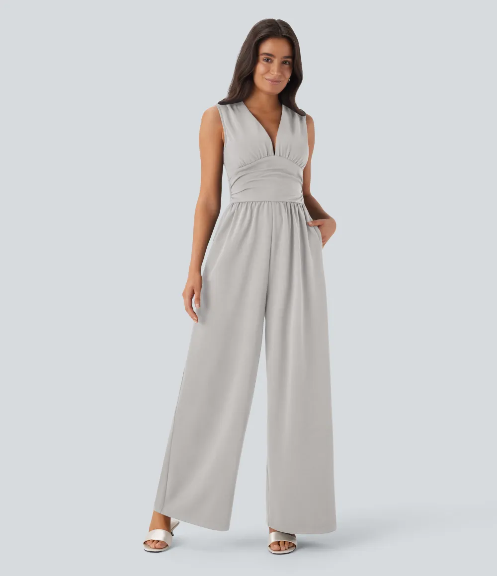 SculptKnit V Neck Sleeveless Ruched Pocket Jumpsuit-Easy Peezy