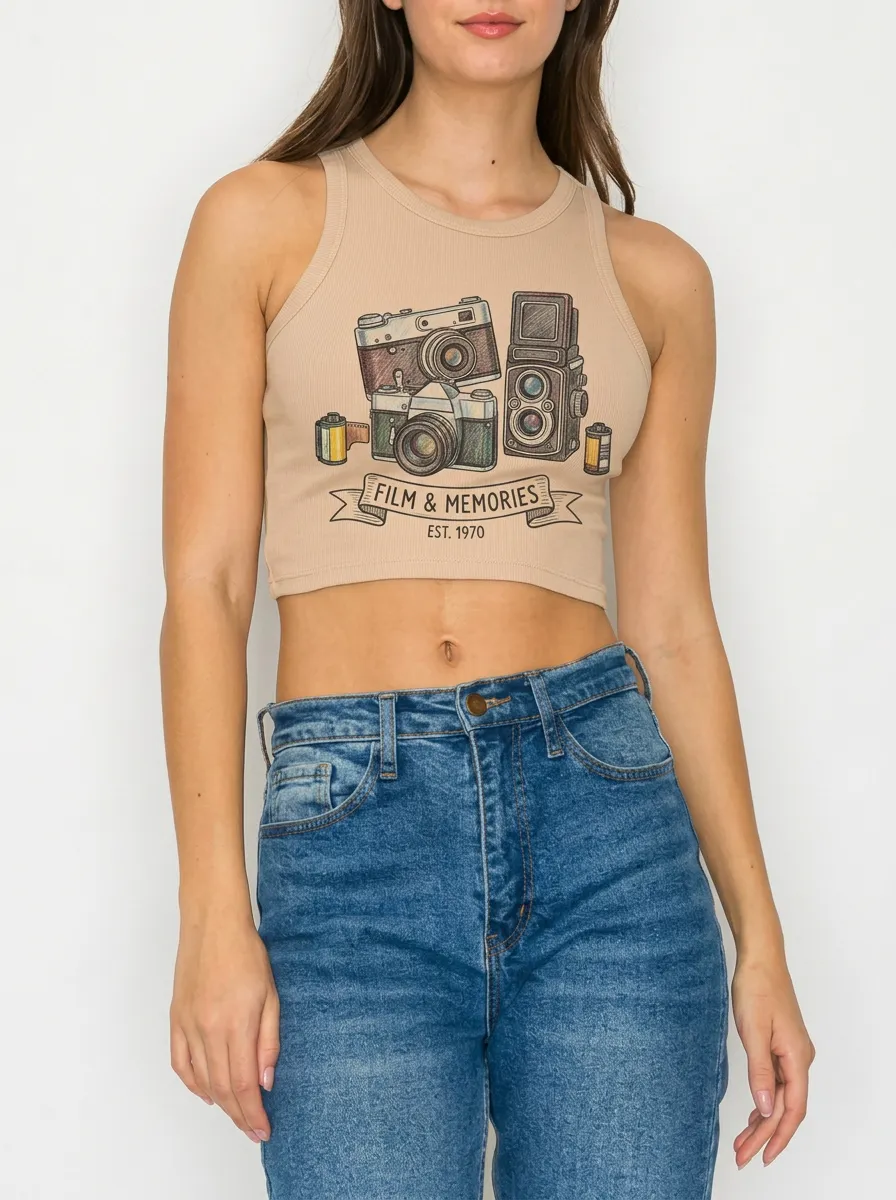 Women's Photography Film Cameras Graphic Ribbed Crop Tank Top