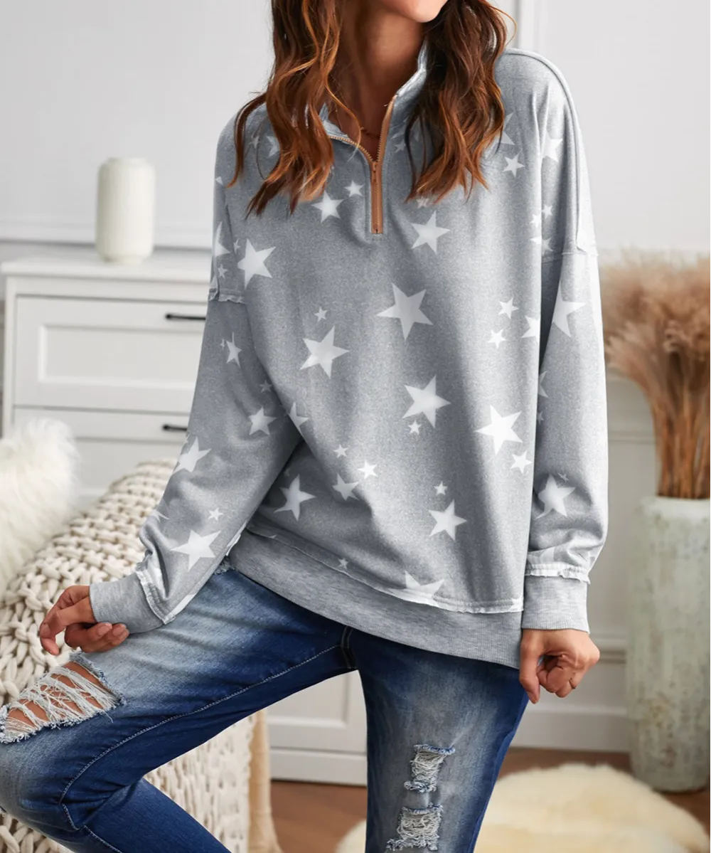 Star Print Zip Collar Sweatshirt
