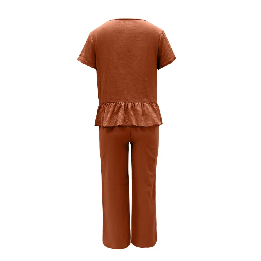 Peplum Round Neck Short Sleeve Top and Pants Set
