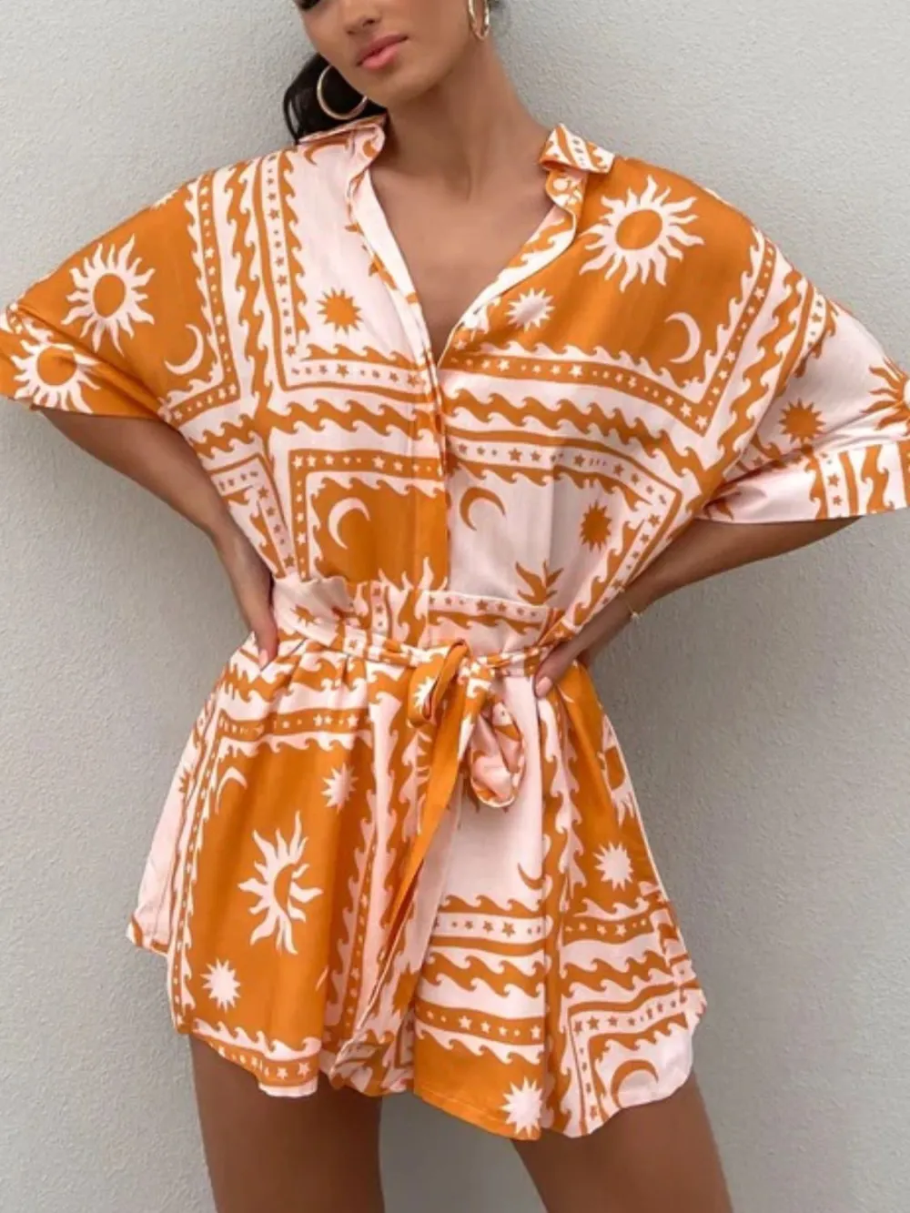 Tie Waist Half Sleeve Romper